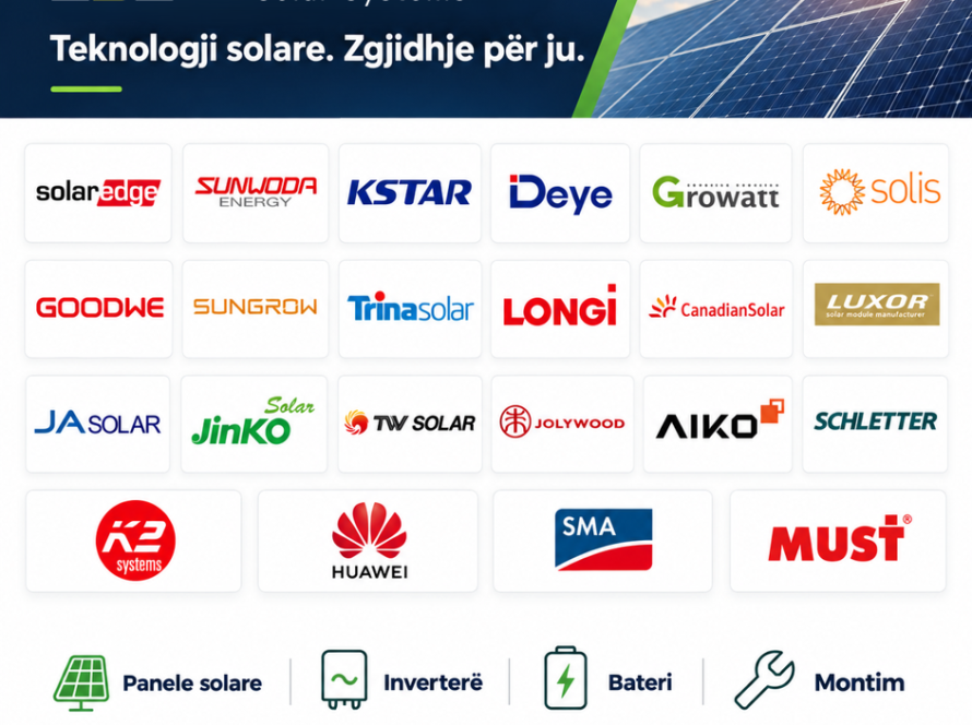 Brendet e paneleve solare, inverterëve, baterive dhe sistemeve të montimit me të cilat punon TeraVolti në Kosovë.